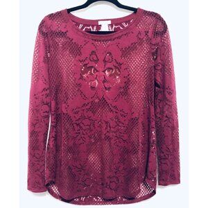 Cache Womens Medium Burgundy Burnout Sheer Blouse Fleur De Lis Stretch